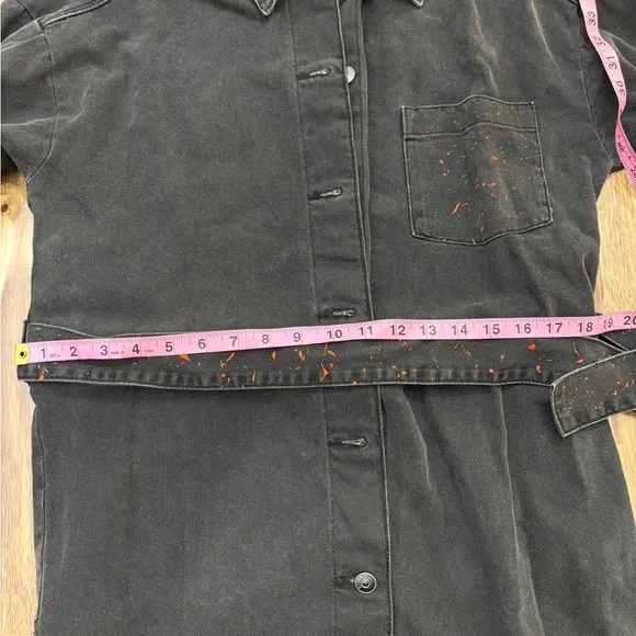 Sz XS Black Denim Long Sleeve Collar Short Dress Orange Paint Belt with Pocket - Picture 8 of 10